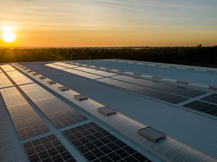 Placas solares em telhado ao pôr do sol